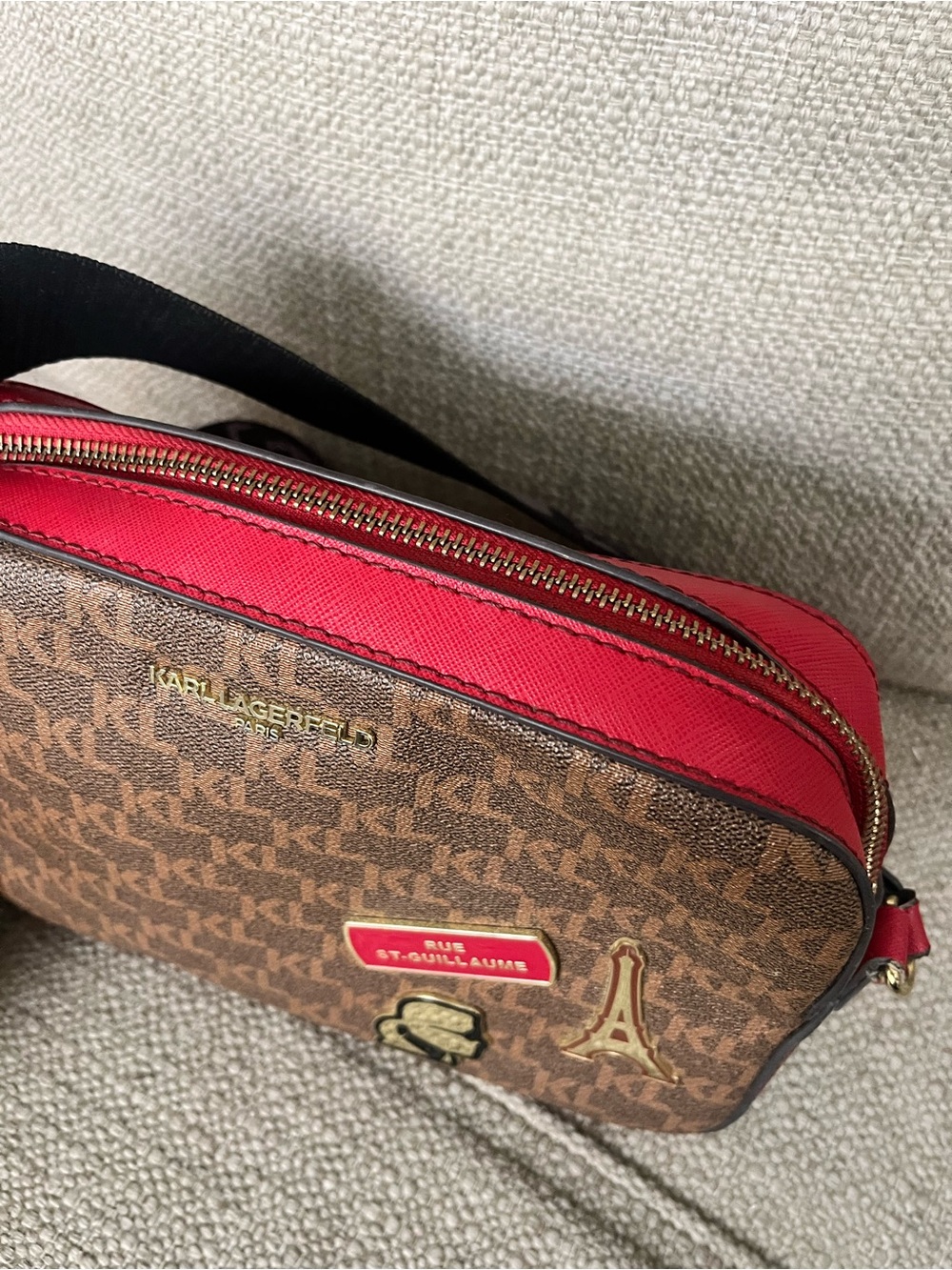 Karl Lagerfeld Brown Monogram Belt Bag with Red Trim